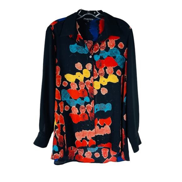 Mishca black orange watercolor button front abstract dot crepe top medium - Picture 1 of 7